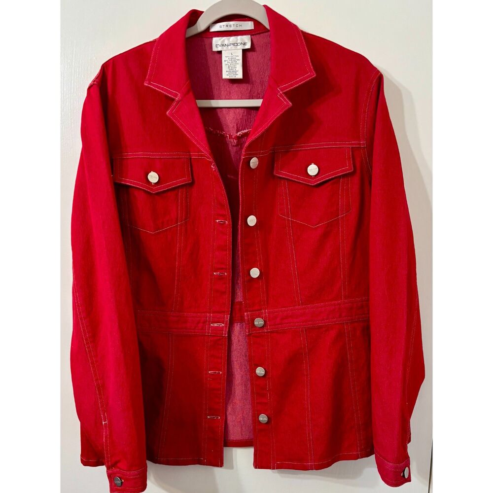 Evan Picone Vintage Y2K L Red Cotton Blend Stretch Denim Jacket White Stitching